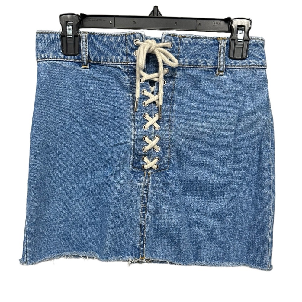 BDG urban outfitters size small blue jean denim mini skirt lace up frayed hem
